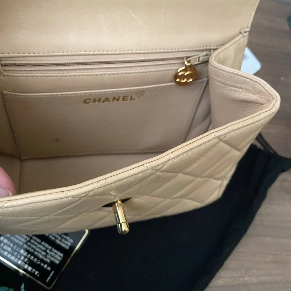 Vintage Chanel Mini Kelly Flap Bag Beige Lambskin Leather Top Handle - Picture 9 of 11